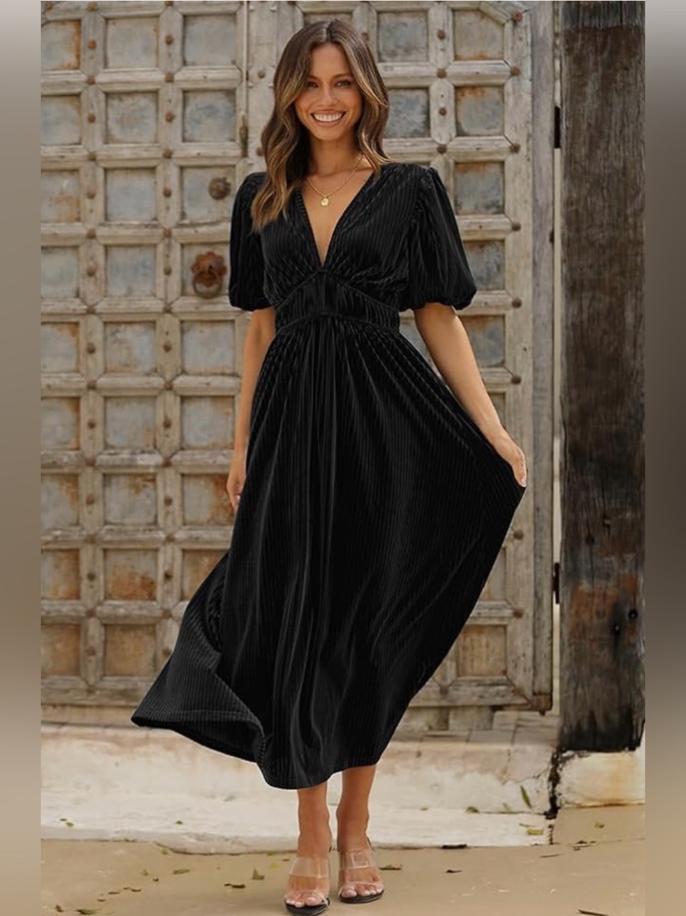 V-Neck Black Pleated Midi Dress with Puff Sleeves